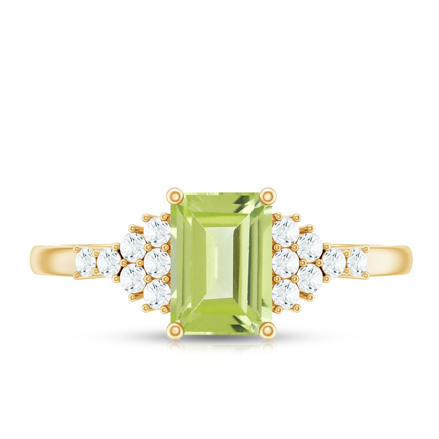 Natural 1.8 Carat Peridot Emerald Cut Engagement Ring with Diamond Side Stones