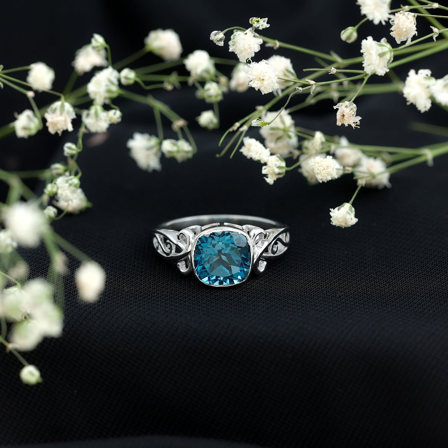 2.8 Carat Cushion Cut London Blue Topaz Vintage Solitaire Ring