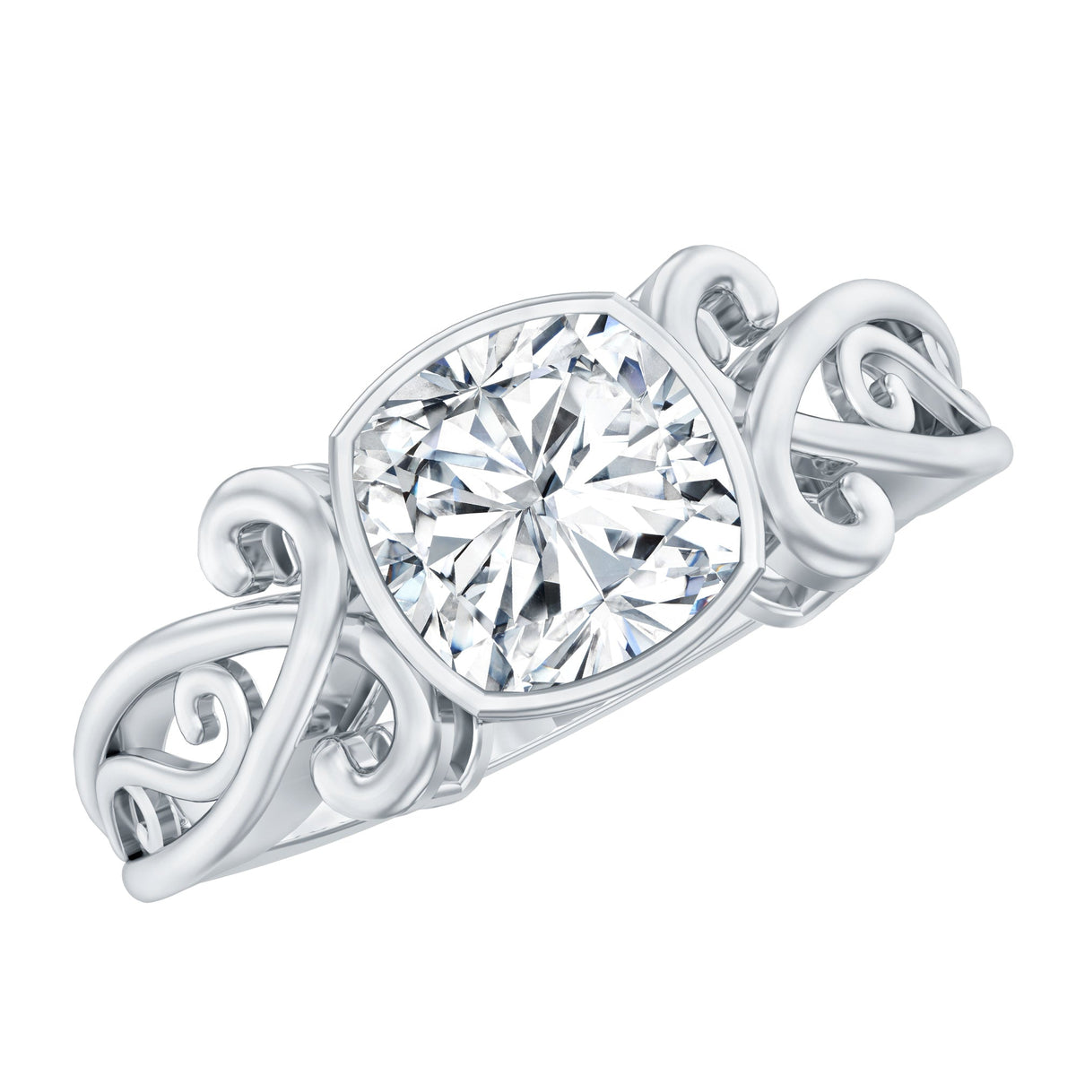 Vintage Style Cushion Moissanite Solitaire Ring in Bezel Setting