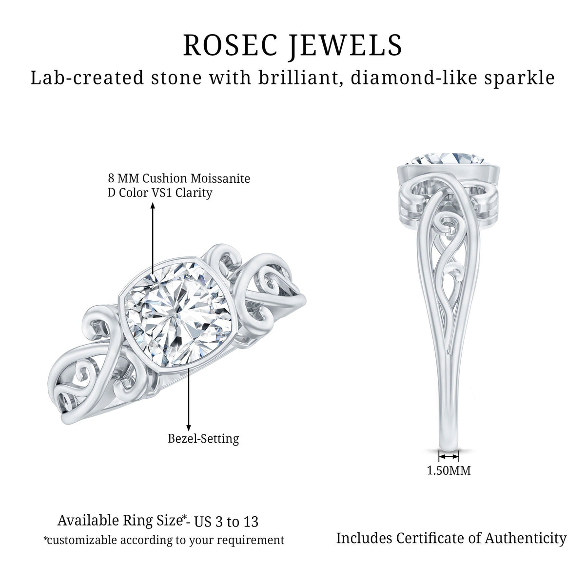 Vintage Style Cushion Moissanite Solitaire Ring in Bezel Setting