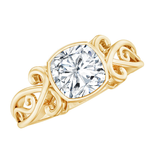 Vintage Style Cushion Moissanite Solitaire Ring in Bezel Setting