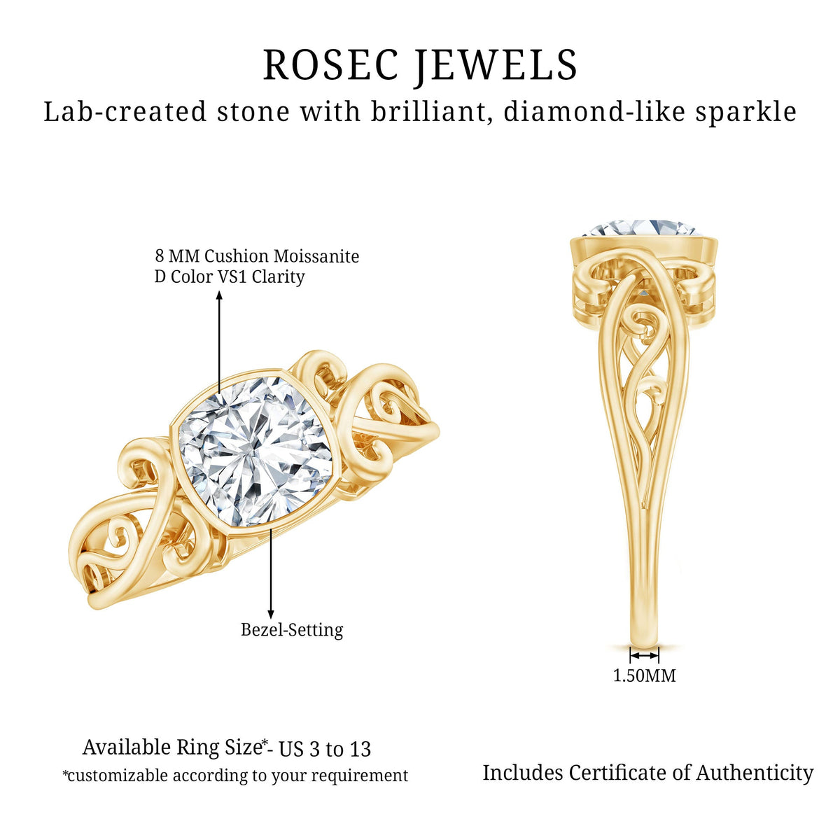 Vintage Style Cushion Moissanite Solitaire Ring in Bezel Setting