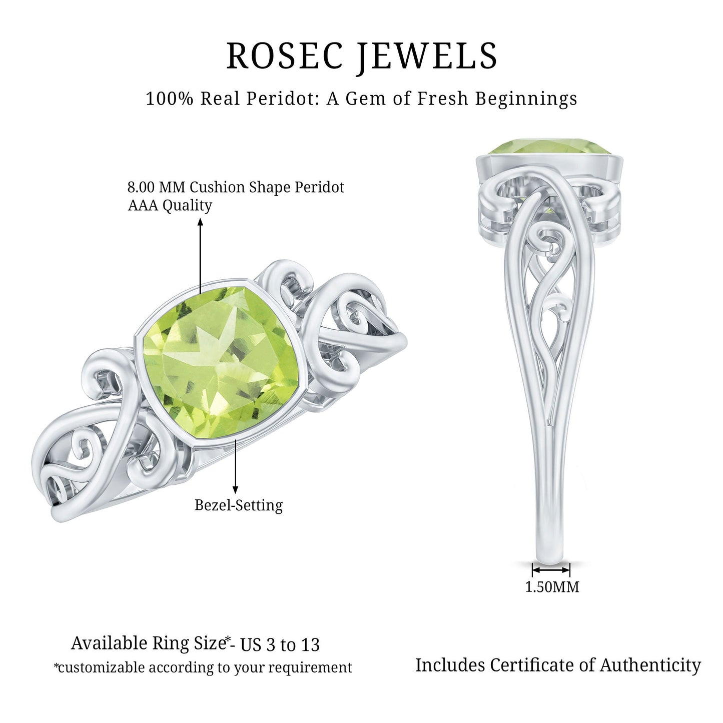 Vintage Style 2 Carat Peridot Cushion Cut Engagement Ring