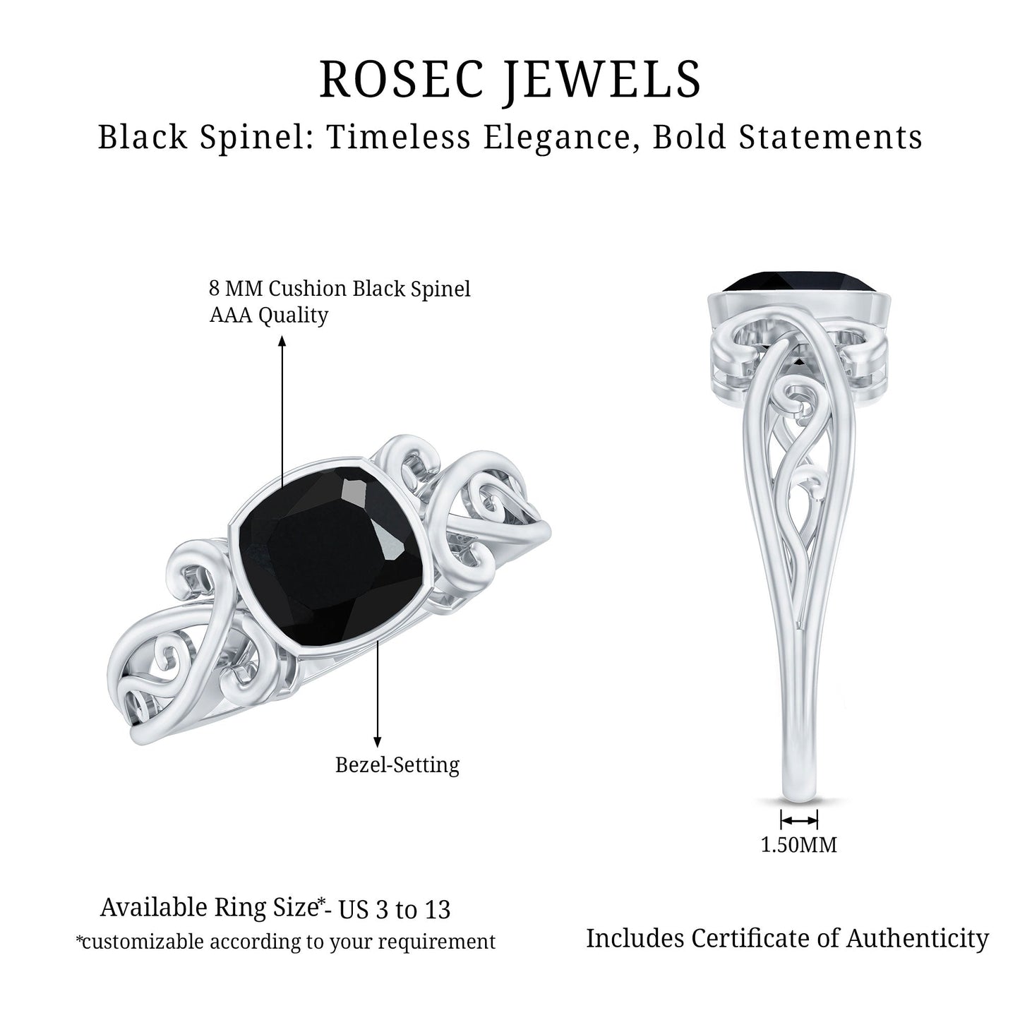 Vintage Style Black Spinel Cushion Cut Engagement Ring