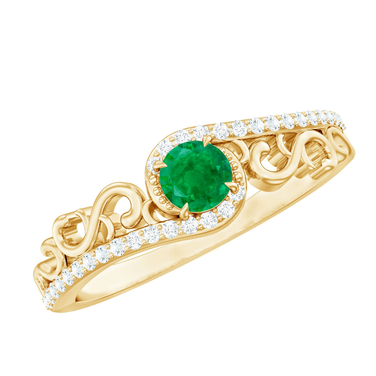 Vintage Emerald Engagement Ring with Diamond Bypass Shank