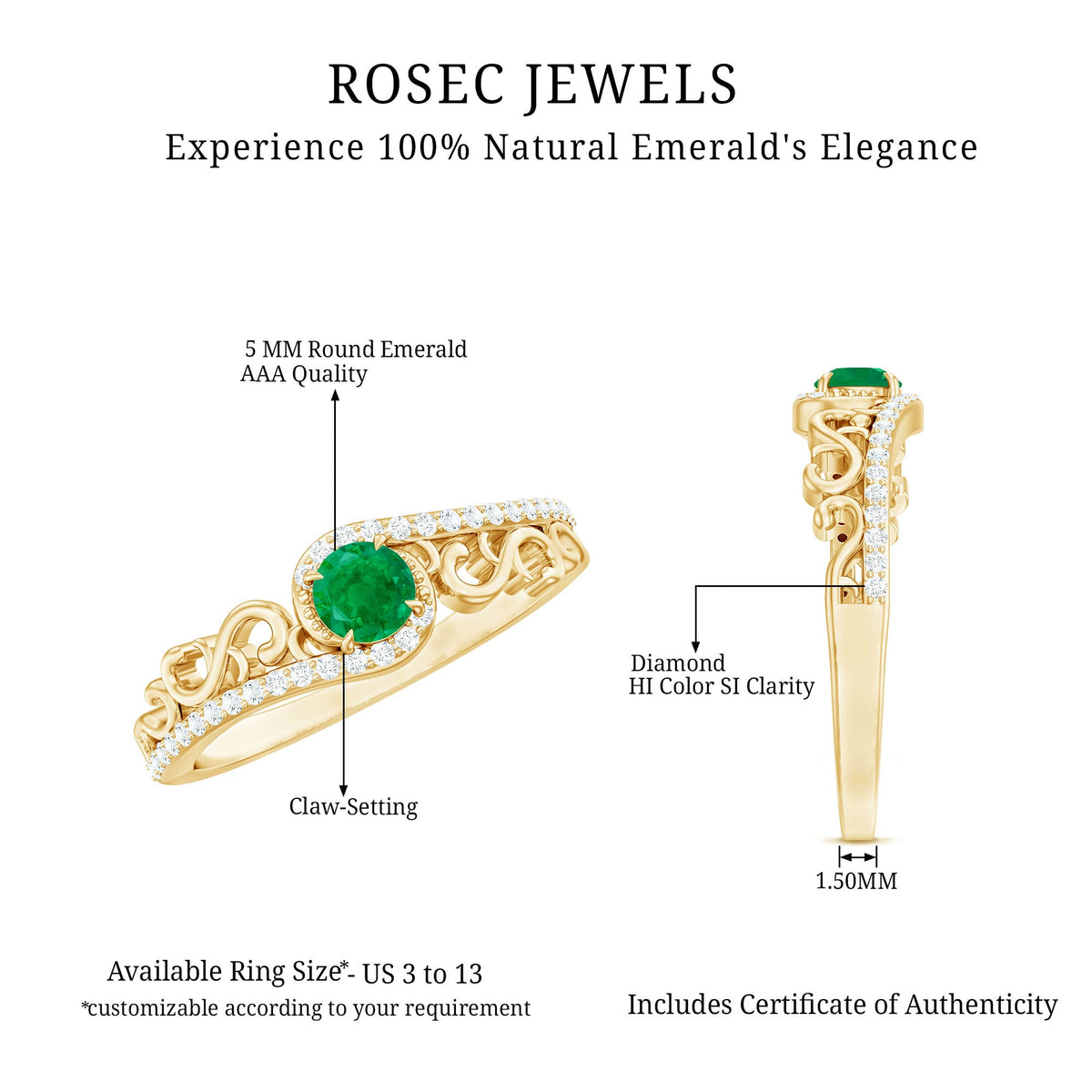 Vintage Emerald Engagement Ring with Diamond Bypass Shank
