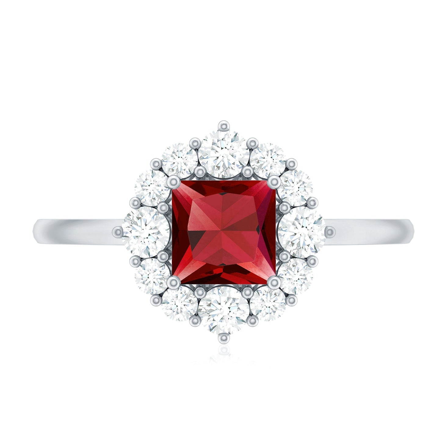 Certified Lab Grown Ruby Princess Cut Engagement Ring with Diamond Halo