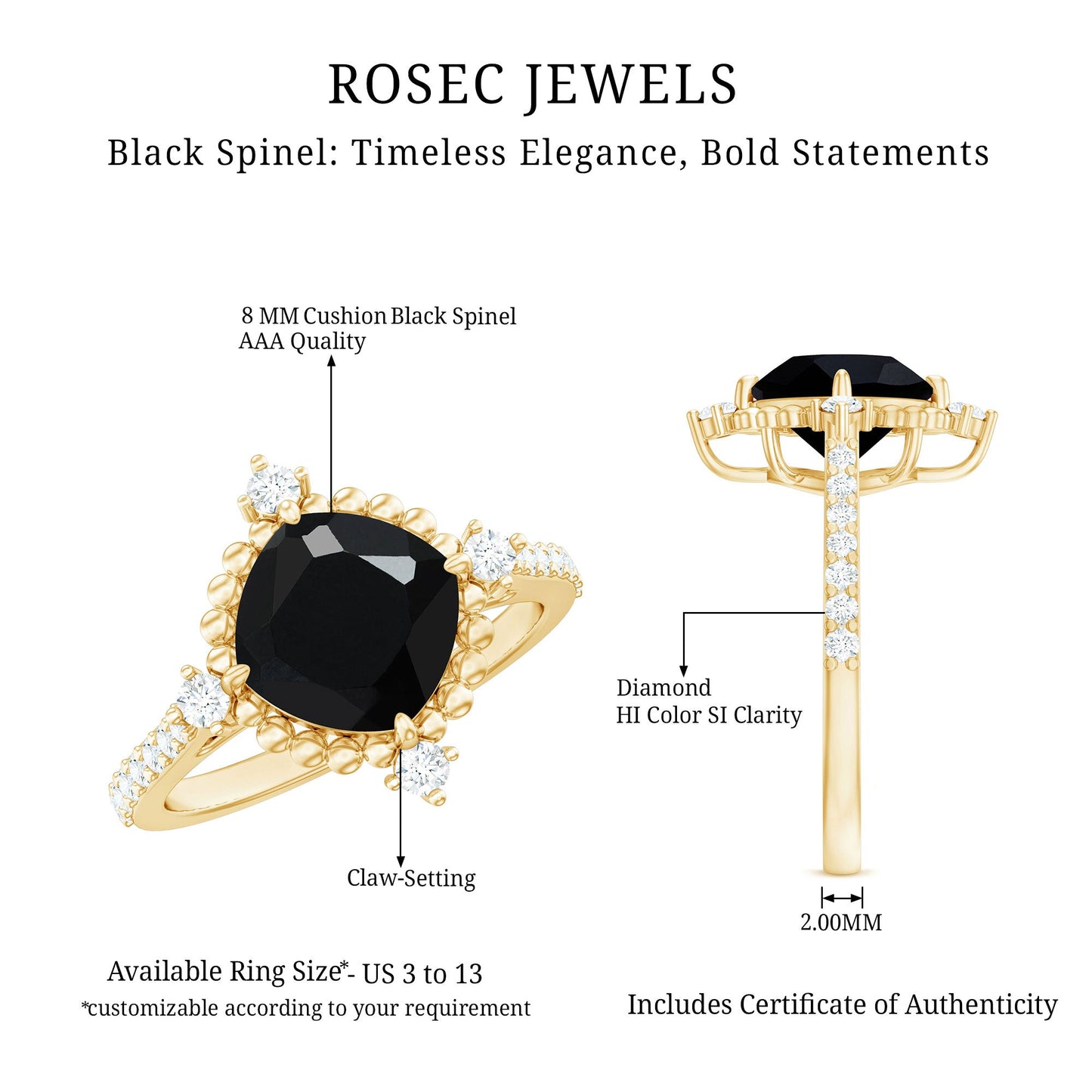 2 Carat Vintage Style Black Spinel Engagement Ring with Diamonds