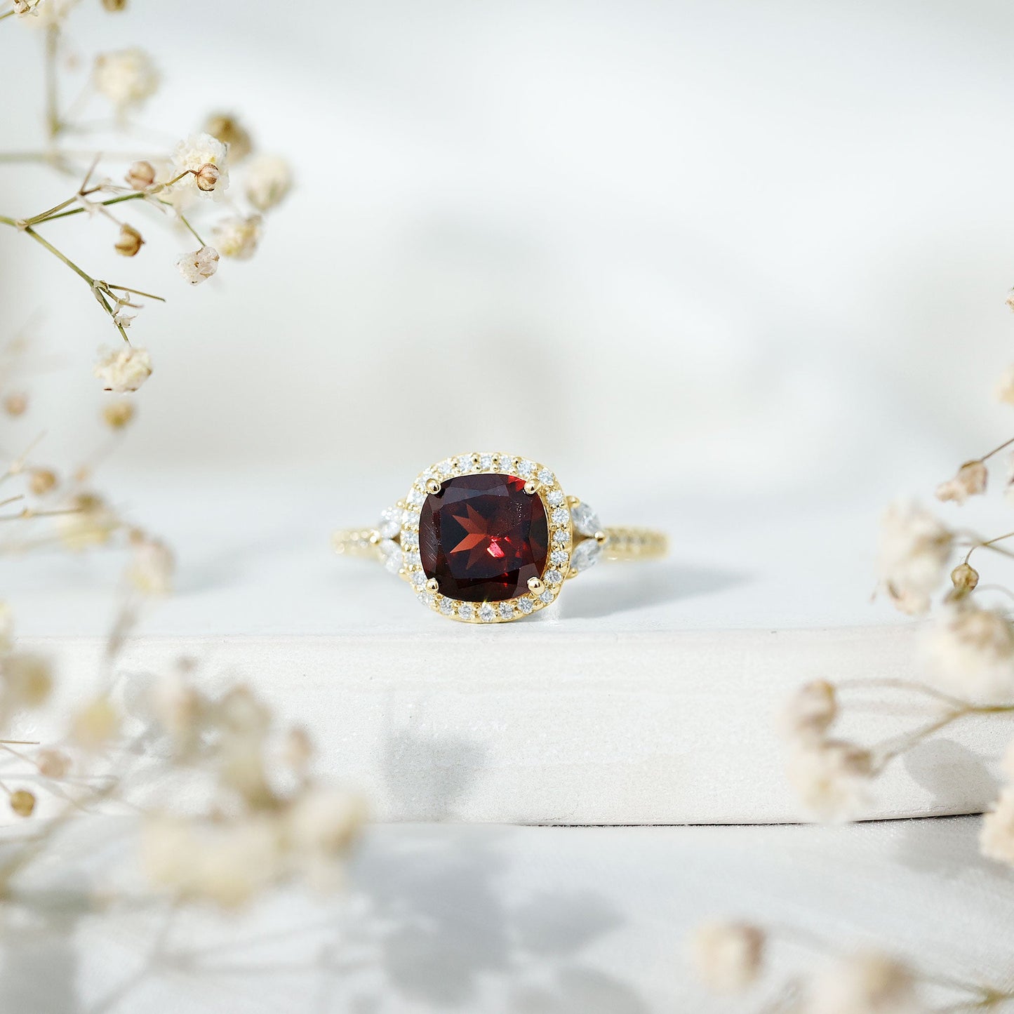 Natural Garnet Cushion Cut Engagement Ring with Diamond Halo
