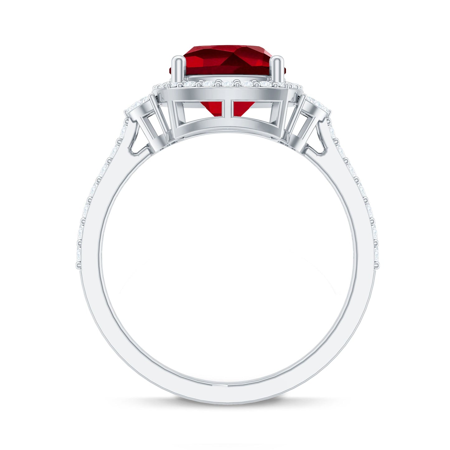 Certified Cushion Cut Lab Ruby and Diamond Halo Engagement Ring