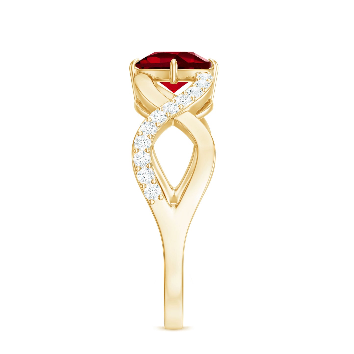Cushion Cut Lab Grown Ruby and Diamond Crossover Engagement Ring