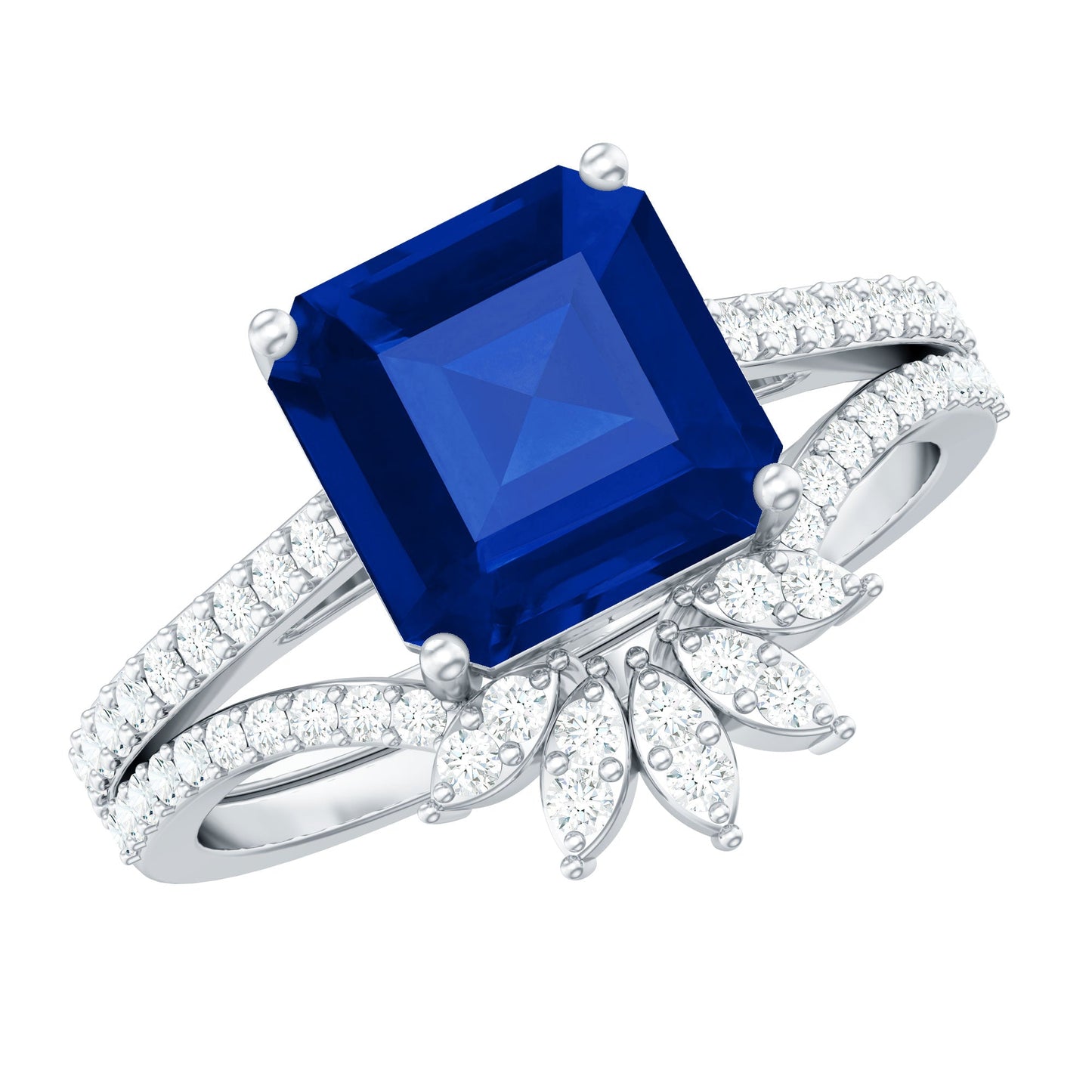 Certified 4.8 Carat Asscher Cut Lab Grown Blue Sapphire Diamond Engagement Ring with Enhancer