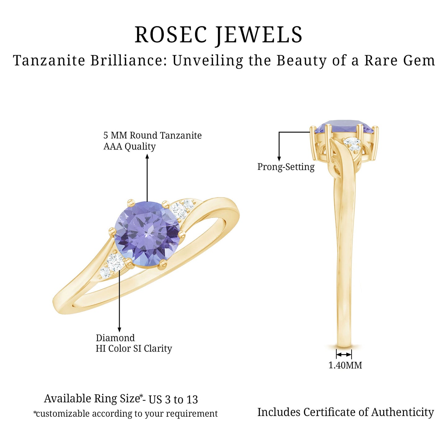 Natural Tanzanite Promise Ring with Diamond Bypass Shank