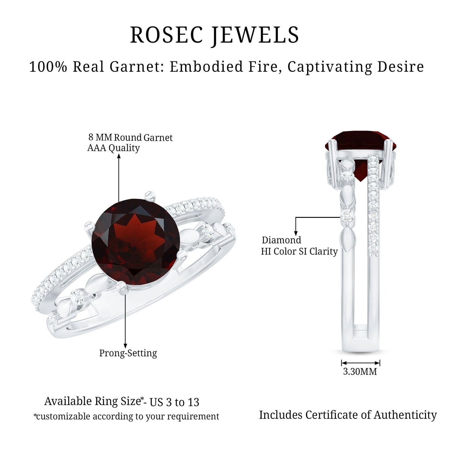 Natural Garnet Diamond Double Band Engagement Ring