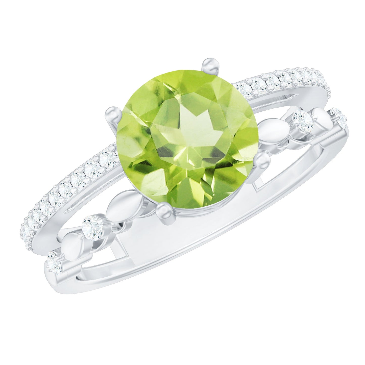 Genuine 2 Carat Peridot Double Band Engagement Ring with Diamond