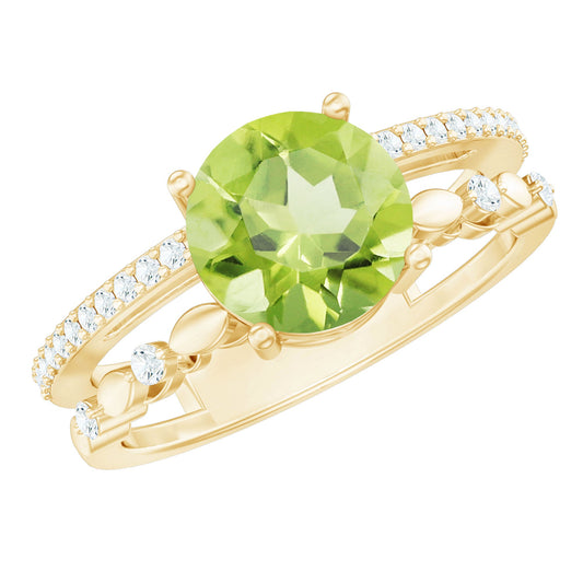 Genuine 2 Carat Peridot Double Band Engagement Ring with Diamond