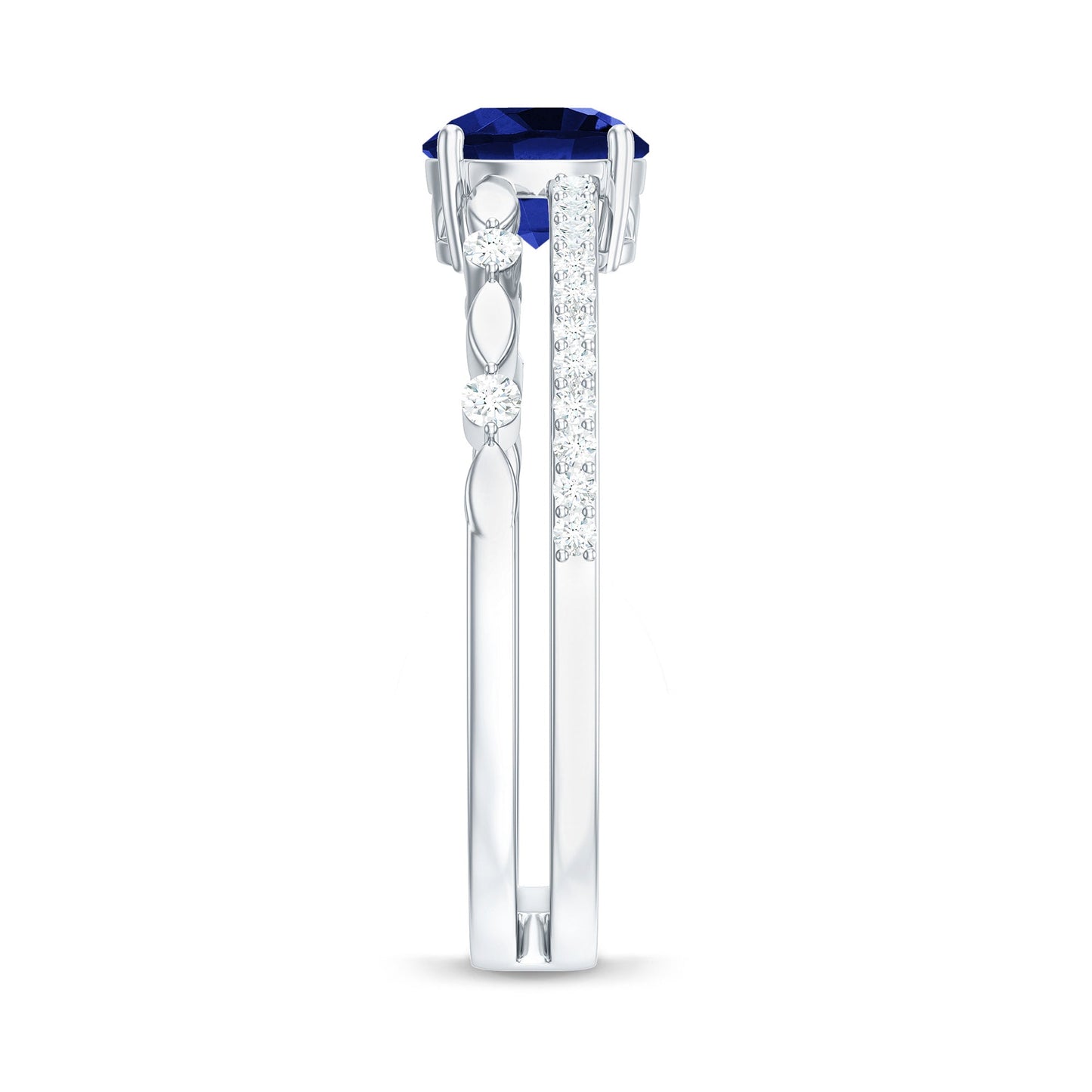 Certified 1 Carat Lab Grown Blue Sapphire Diamond Double Band Engagement Ring