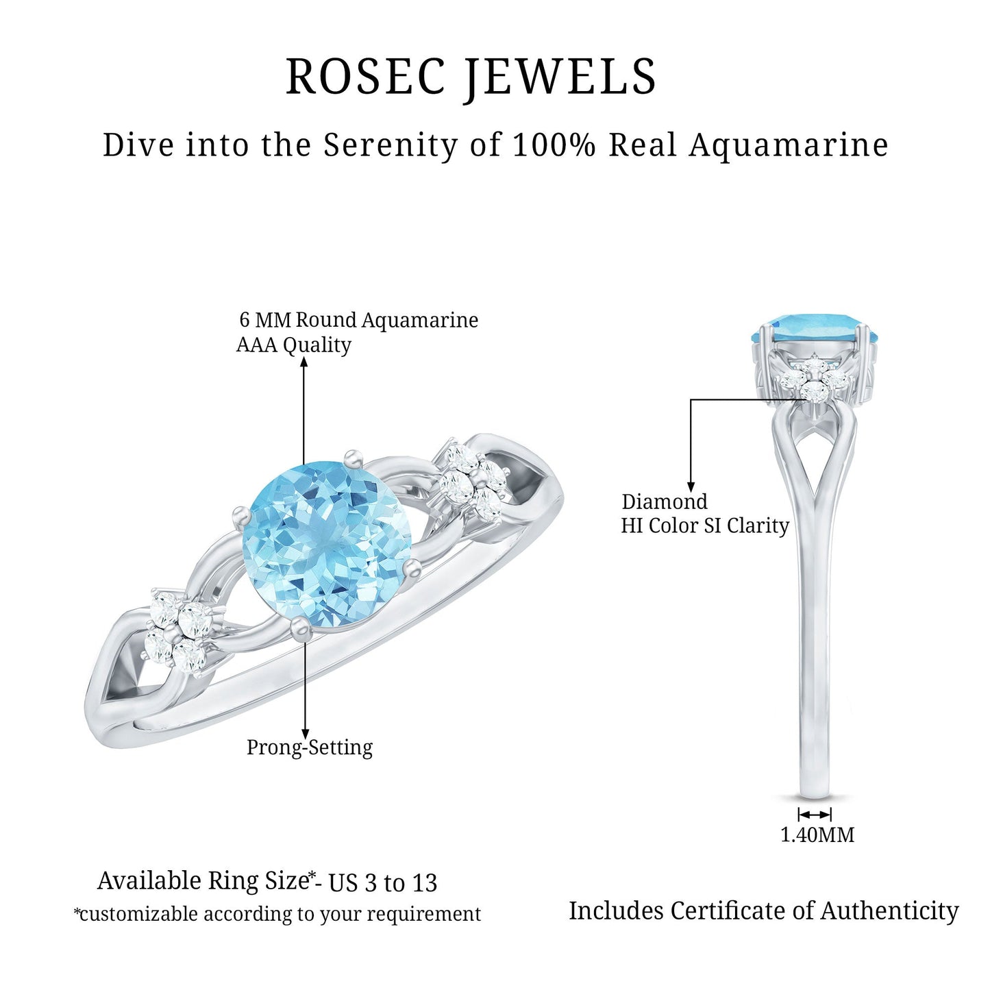 Genuine Aquamarine Crossover Engagement Ring with Diamond Flower