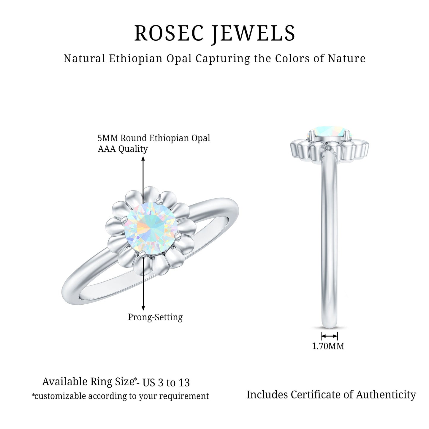 Natural Solitaire Ethiopian Opal Flower Promise Ring