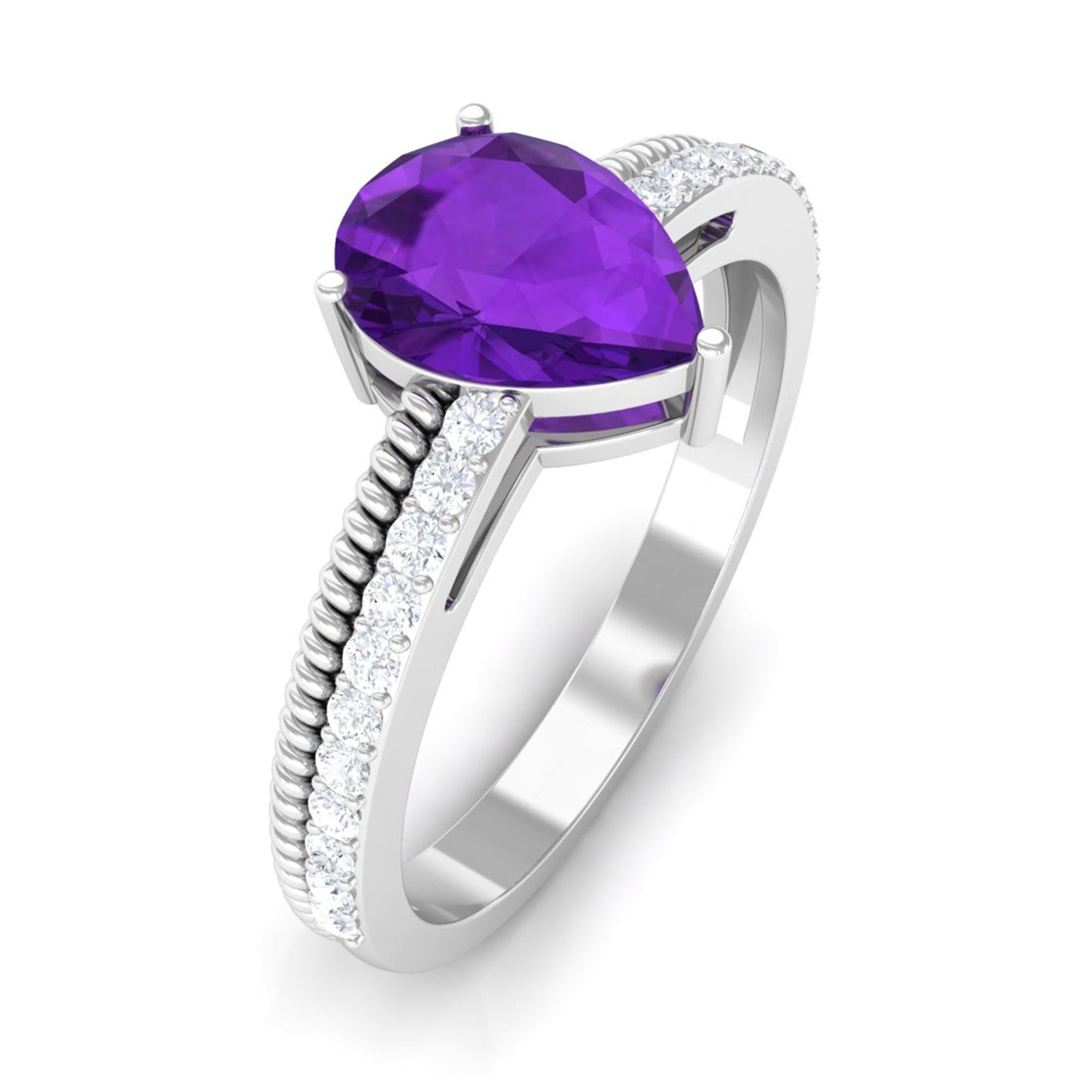 Real 1 Carat Amethyst Pear Shaped Engagement Ring with Diamond