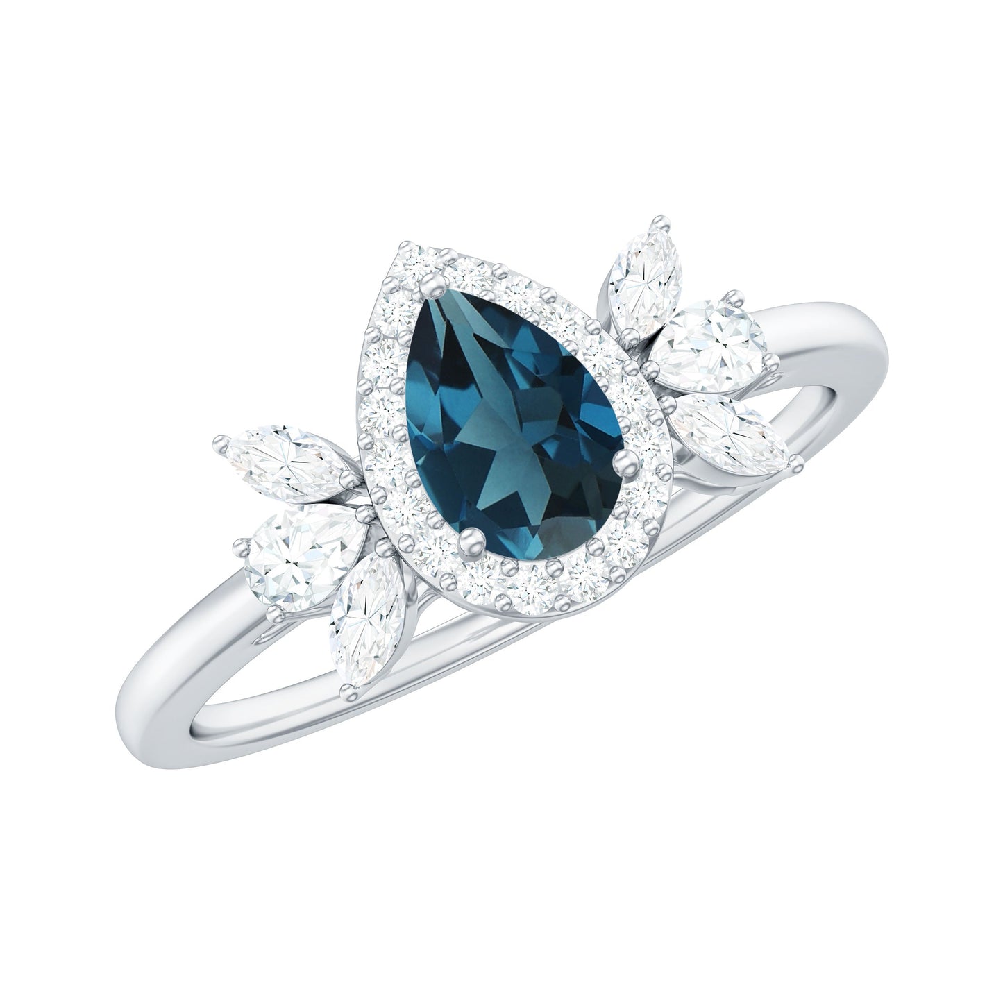 Pear Shaped London Blue Topaz Engagement Ring with Diamond Halo