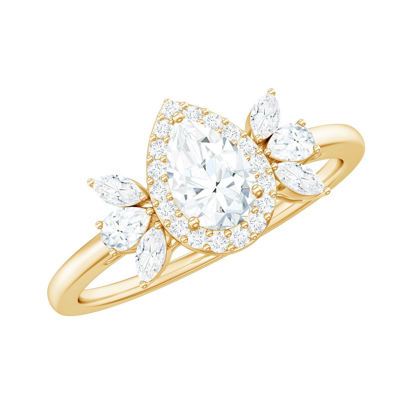 Pear Shaped Moissanite Halo Engagement Ring with Trio