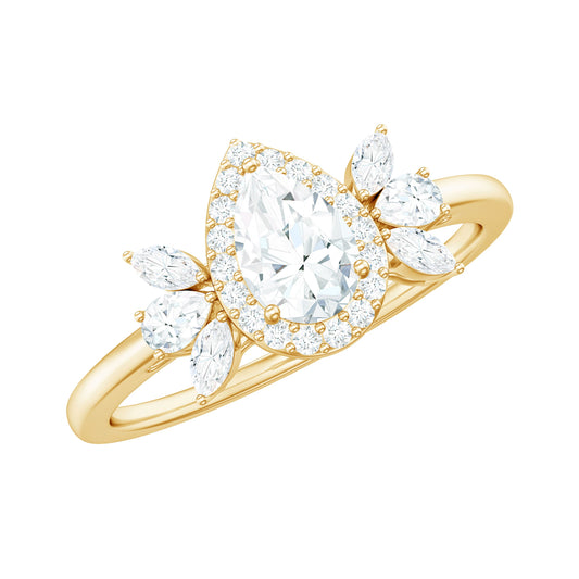 Pear Shaped Moissanite Halo Engagement Ring with Trio