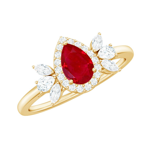 Natural 0.8 Carat Ruby Pear Shaped Engagement Ring with Diamond Halo