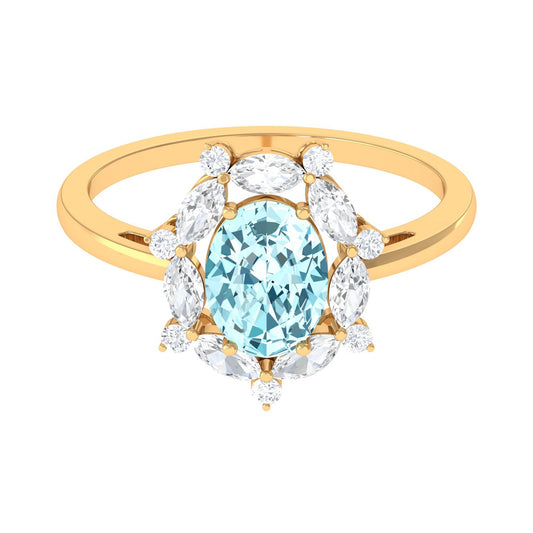 Genuine Aquamarine Vintage Inspired Engagement Ring with Halo