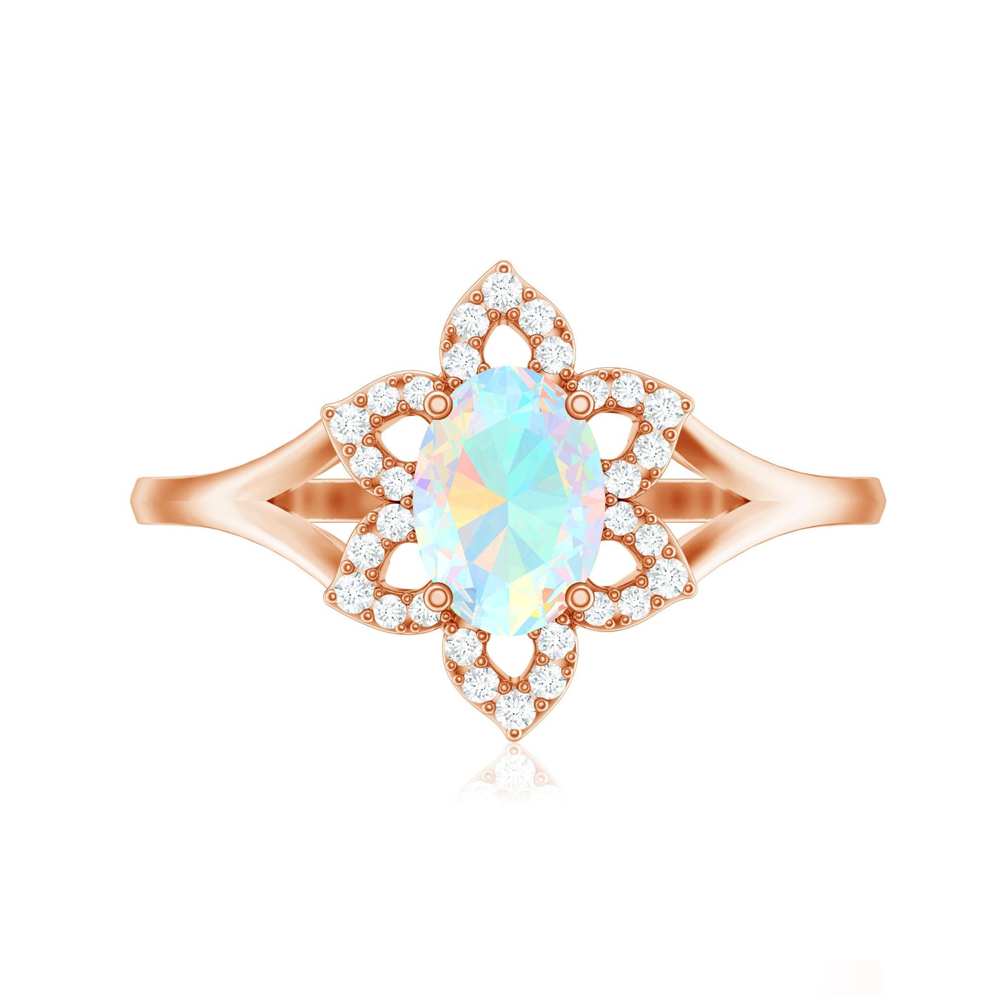 Real Oval Ethiopian Opal Diamond Flower Engagement Ring with Split Shank
