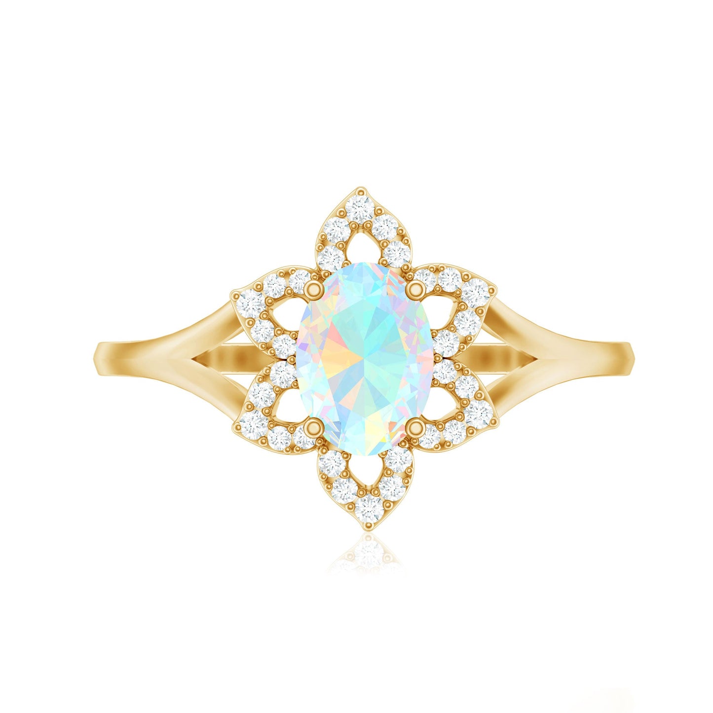 Real Oval Ethiopian Opal Diamond Flower Engagement Ring with Split Shank