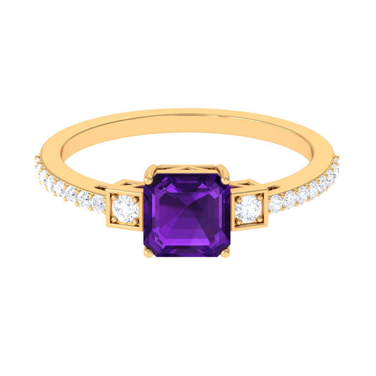 Genuine 3 Carat Amethyst Asscher Cut Engagement Ring with Diamond