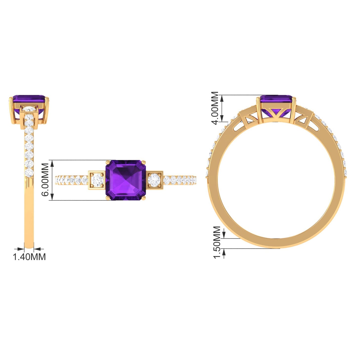 Genuine 3 Carat Amethyst Asscher Cut Engagement Ring with Diamond