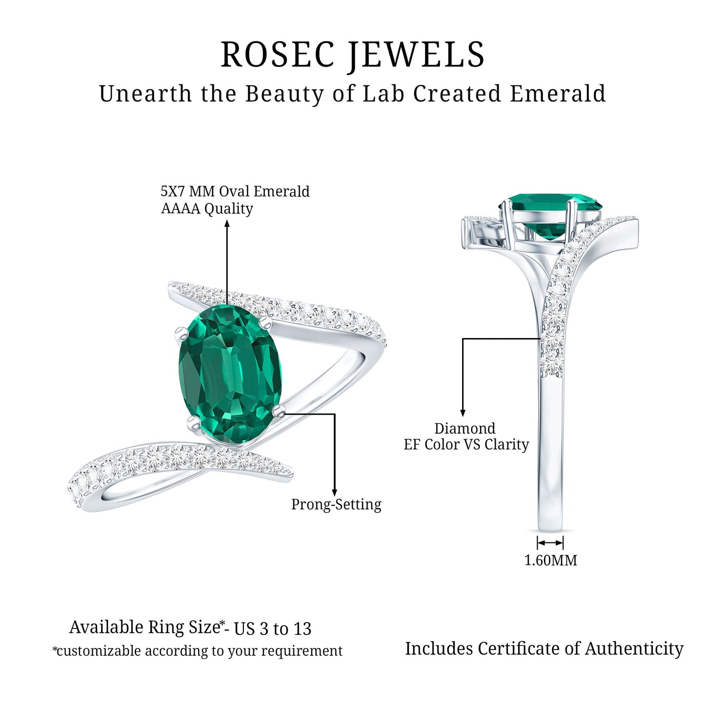 Oval Shaped 5X7 MM Lab Grown Emerald Bypass Engagement Ring