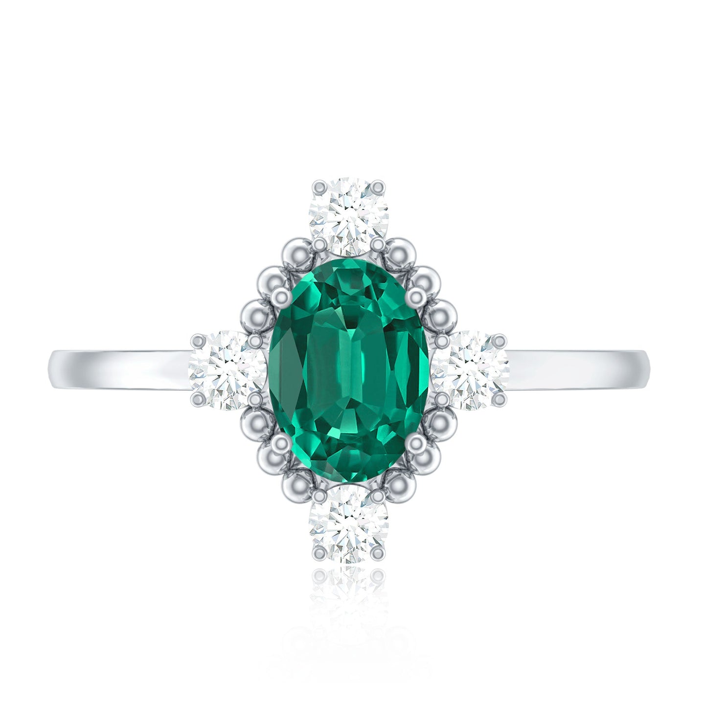 Vintage Inspired Lab Grown Emerald Oval Engagement Ring with Diamond