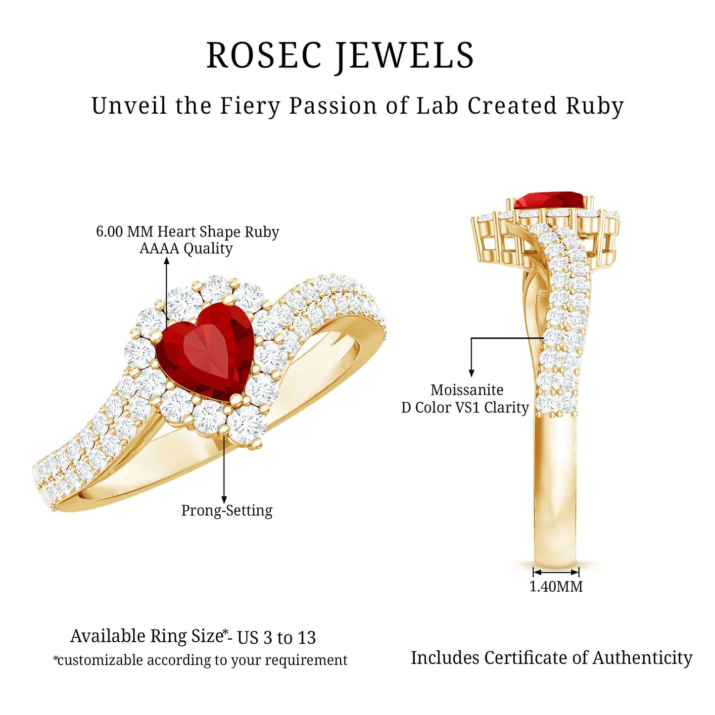 Heart Shape Lab Made Ruby and Moissanite Bypass Engagement Ring