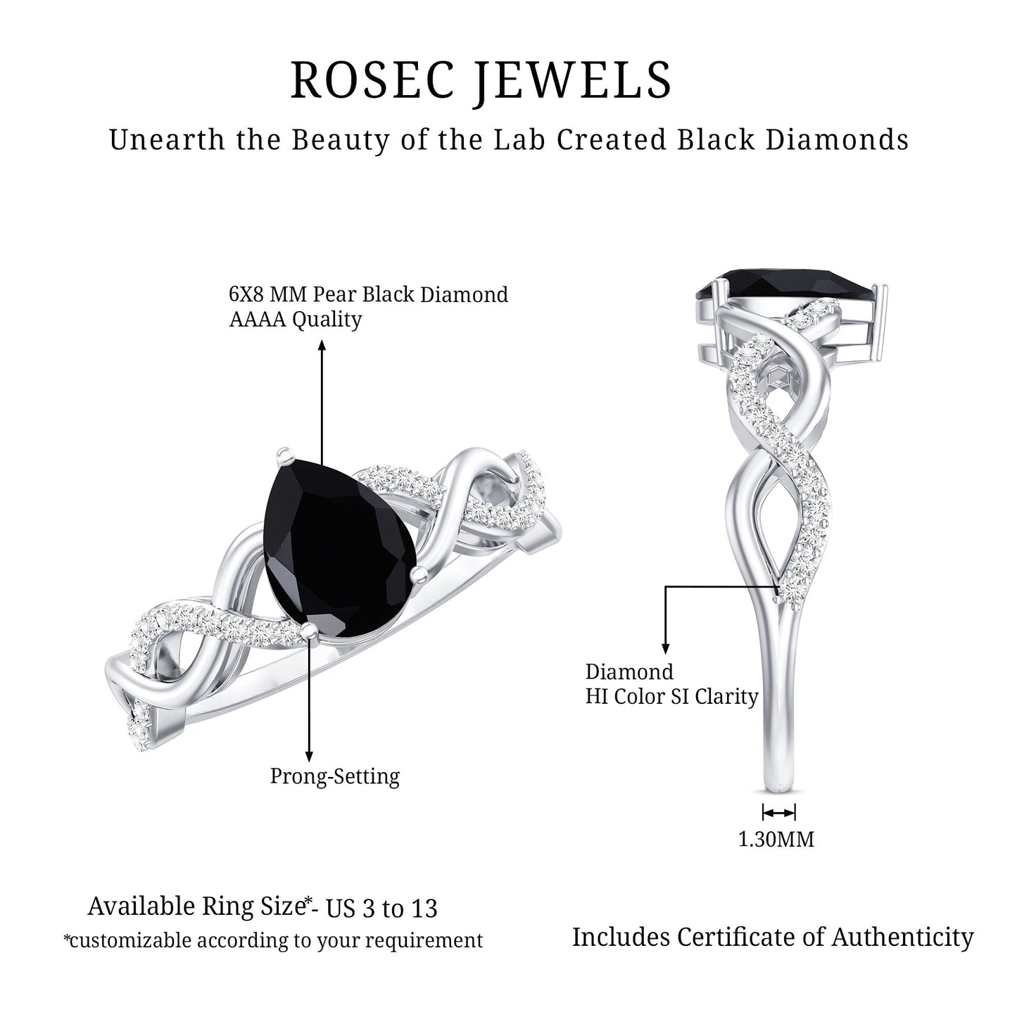 Pear Shape 0.85 Carat Lab Grown Black and White Diamond Engagement Ring with Crossover Shank