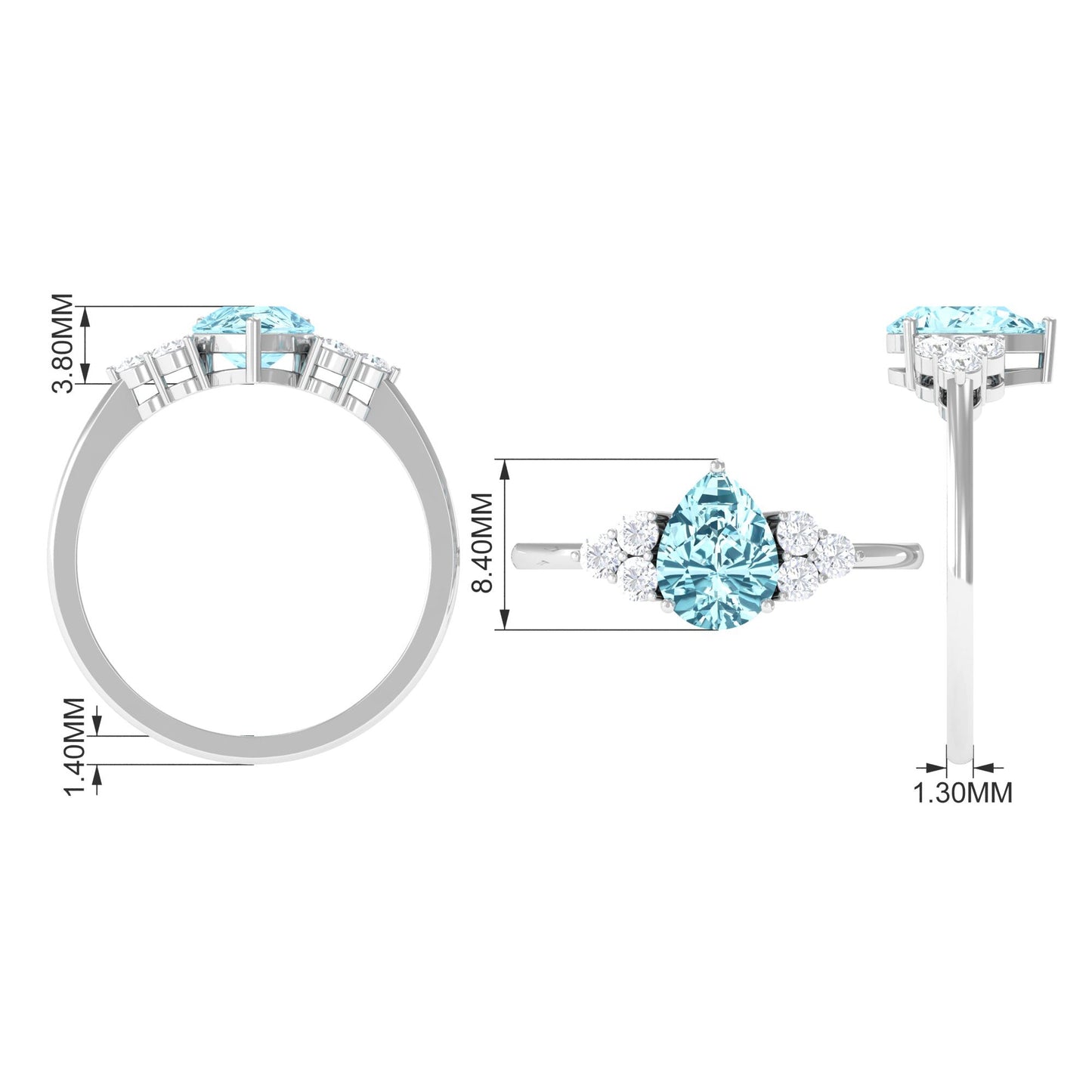 Genuine Aquamarine Teardrop Engagement Ring with Diamond Trio