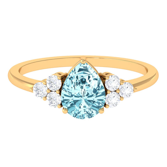 Genuine Aquamarine Teardrop Engagement Ring with Diamond Trio
