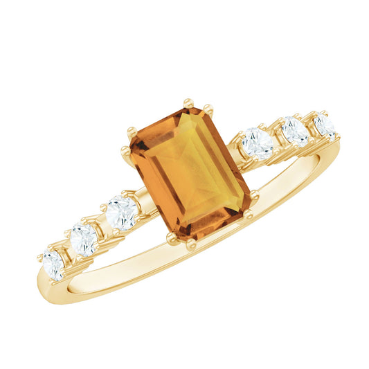 Natural Citrine Emerald Cut Engagement Ring with Diamond