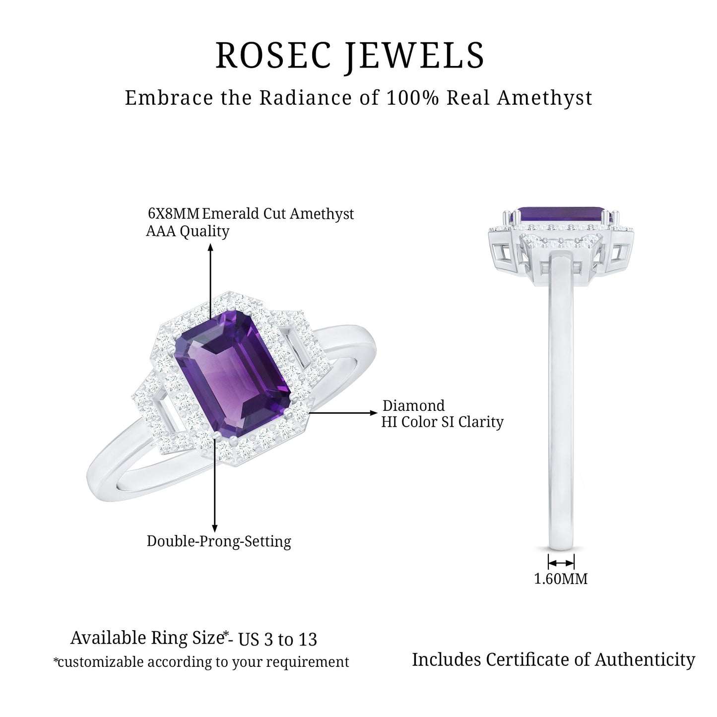 Real 1.4 Carat Amethyst Emerald Cut Engagement Ring with Diamond Halo