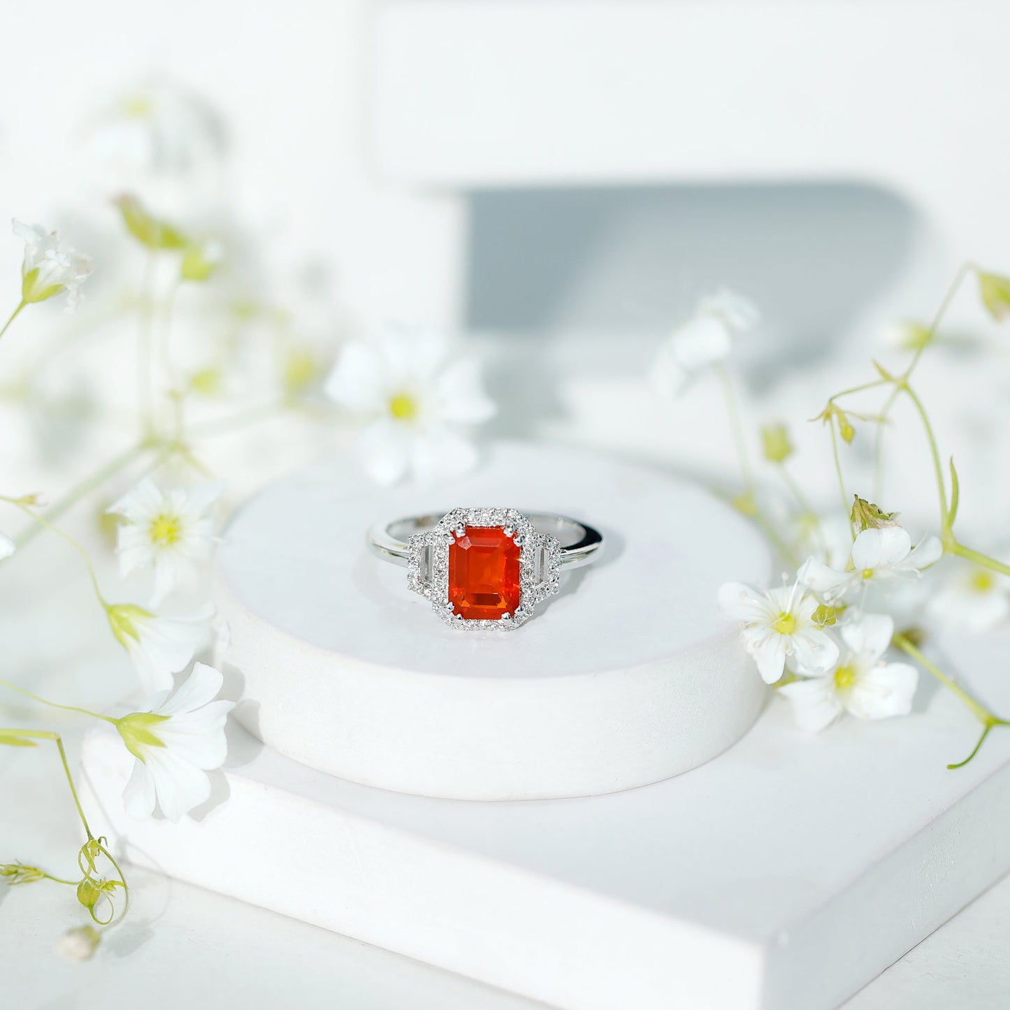 1 Carat Emerald Cut Fire Opal Engagement Ring with Diamond