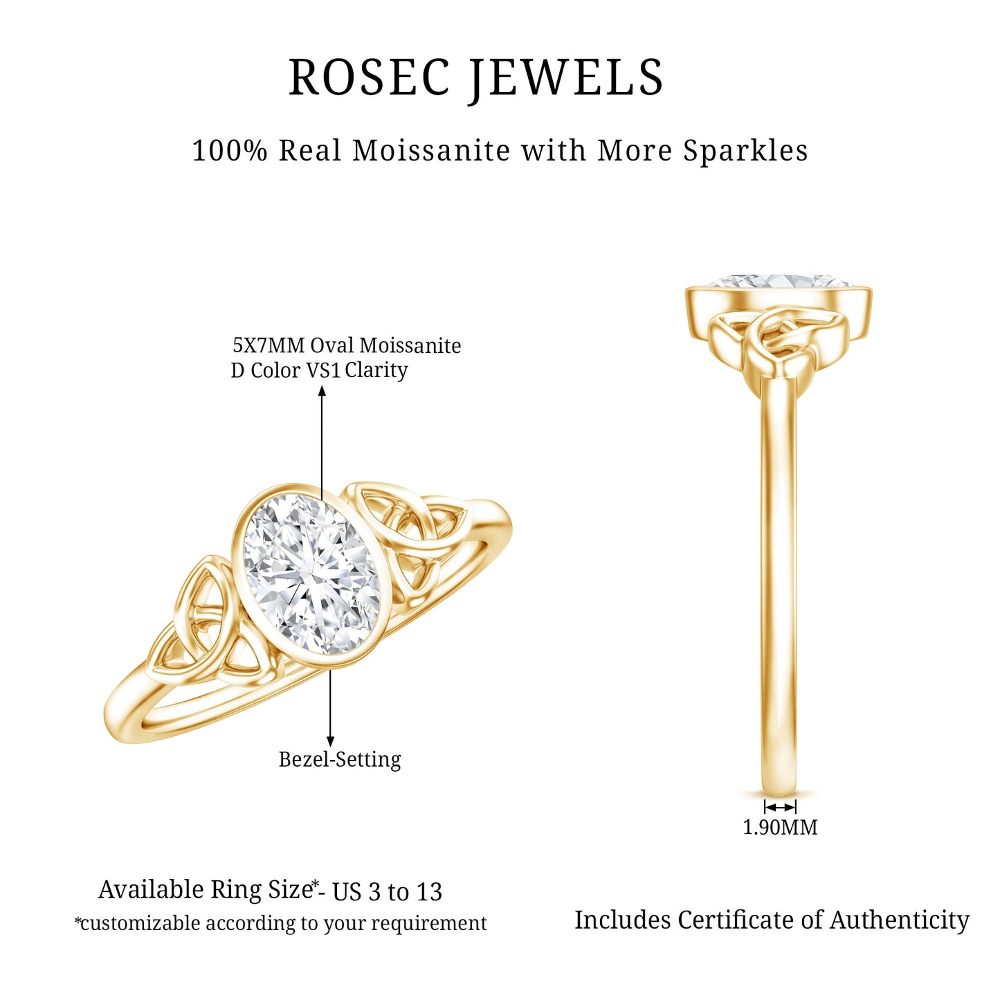 Oval Moissanite Solitaire Celtic Knot Ring in Bezel Setting