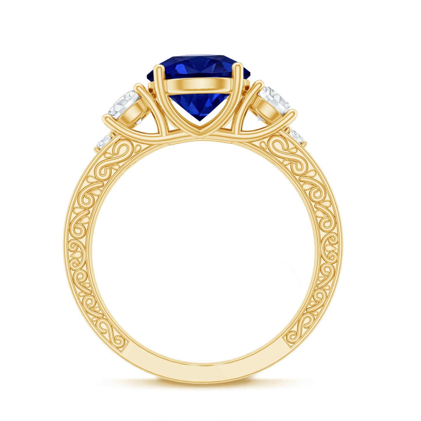 Round Created Blue Sapphire and Moissanite Art Deco Engagement Ring in Gold
