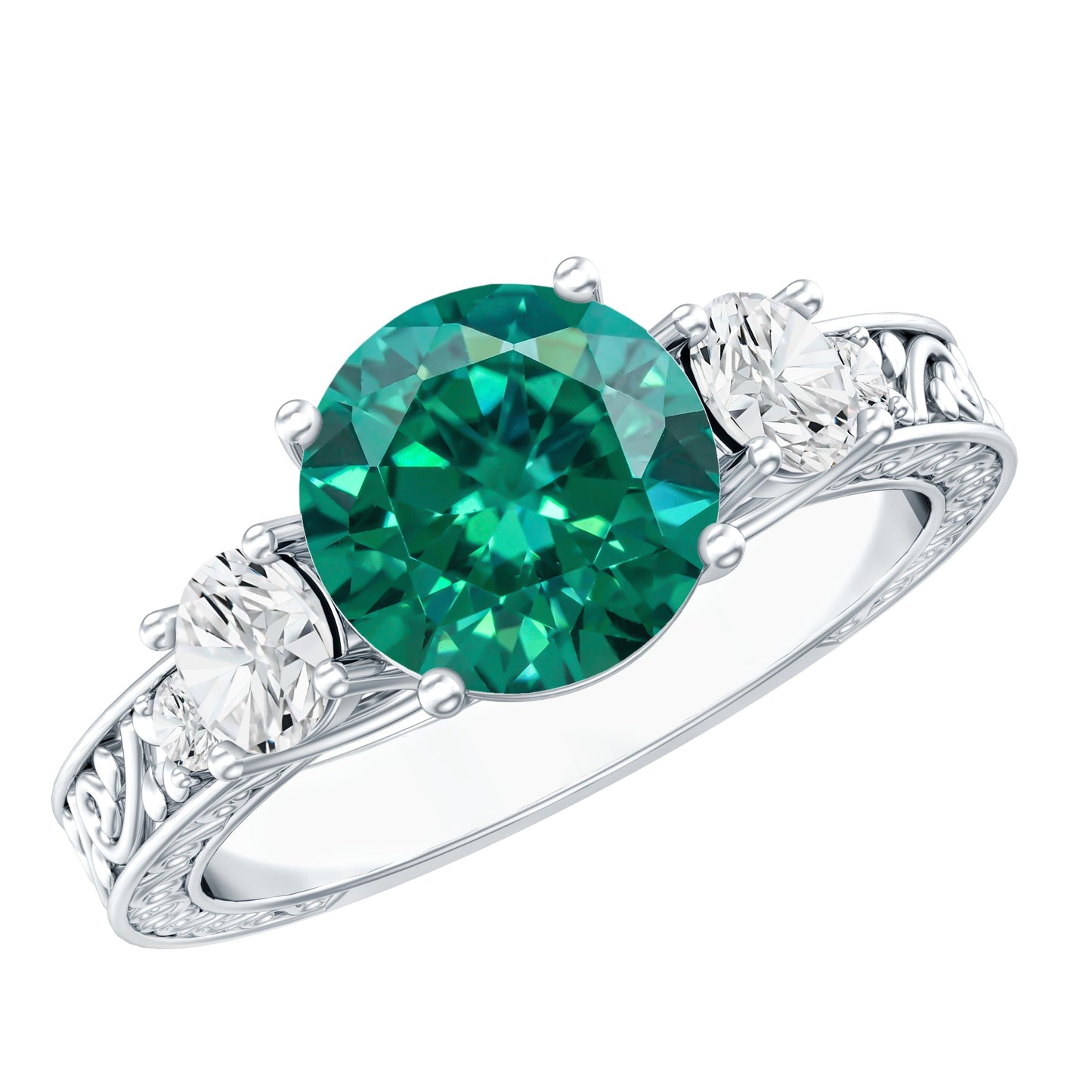 Antique Style Lab Grown Emerald Three Stone Engagement Ring with Moissanite