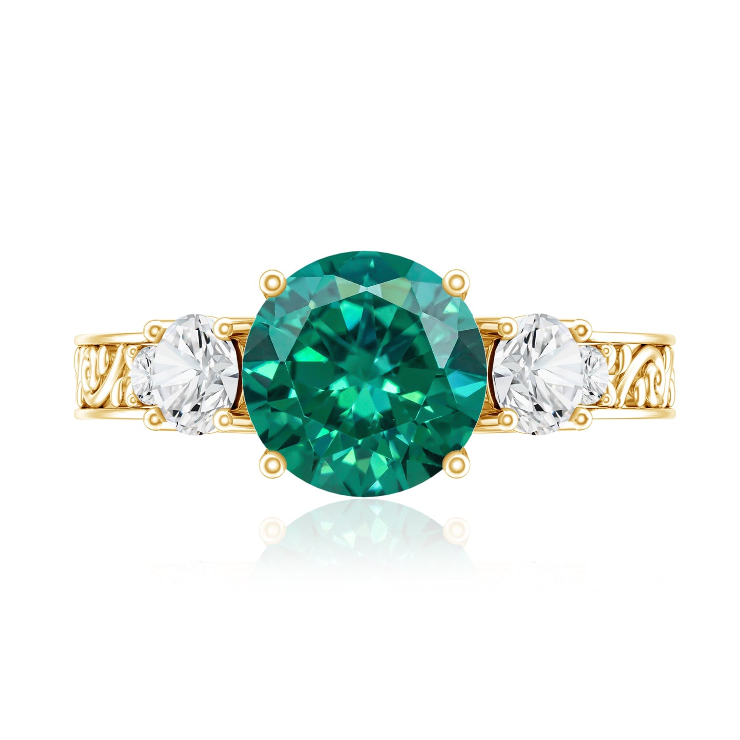 Antique Style Lab Grown Emerald Three Stone Engagement Ring with Moissanite