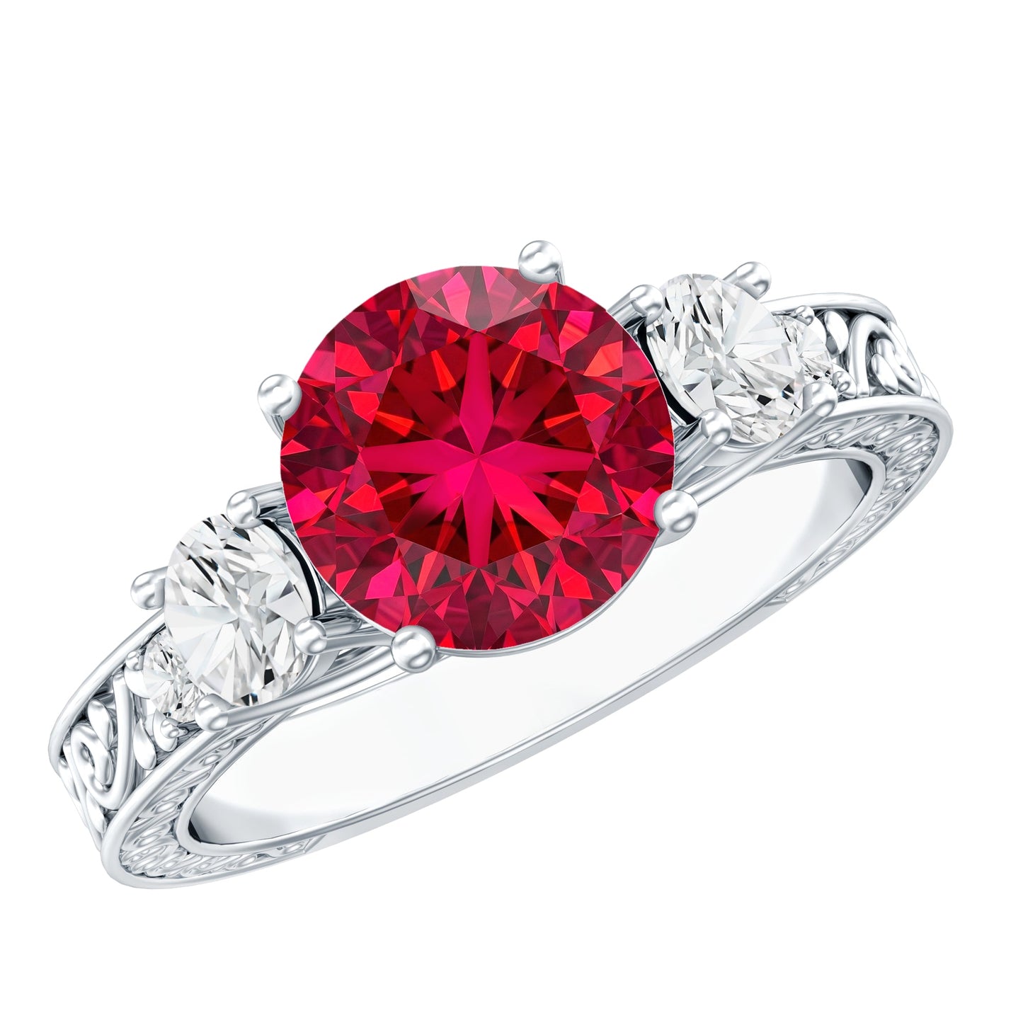 Lab Made 2.3 Carat Ruby and Moissanite 3 Stone Engagement Ring With Certificate