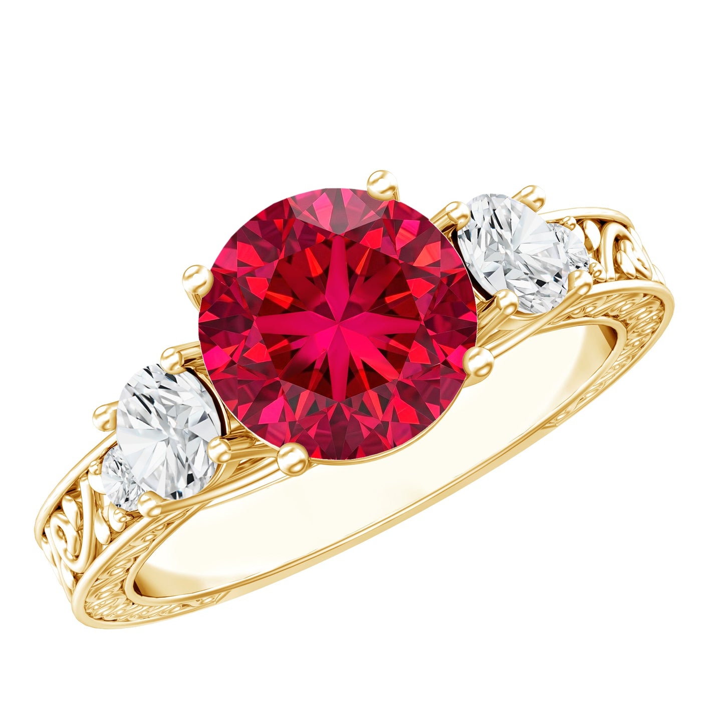 Lab Made 2.3 Carat Ruby and Moissanite 3 Stone Engagement Ring With Certificate