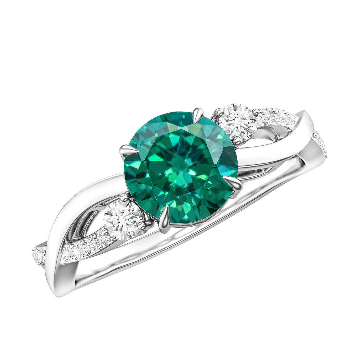 2 Carat Lab Grown Emerald and Diamond Engagement Ring with Crossover Shank