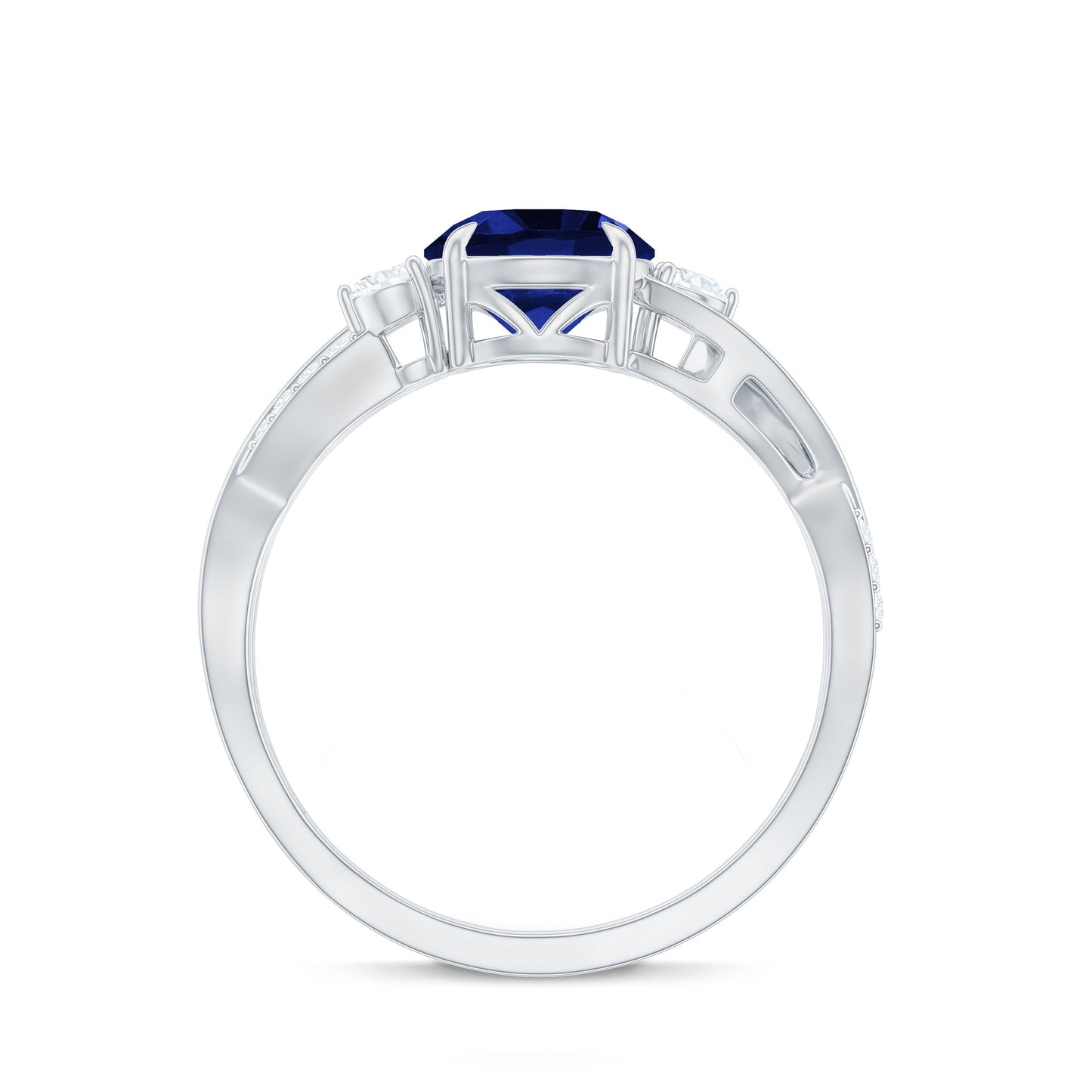 Certified 2.7 Carat Lab Grown Blue Sapphire Engagement Ring with Diamond Crossover Shank